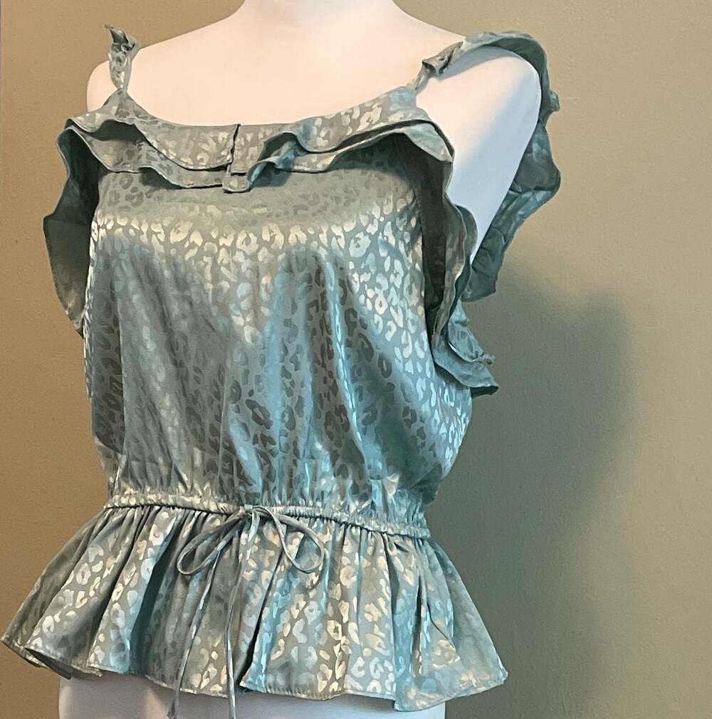 Y2K  Bloomfield Green McBling Leopard Print Ruffle Top, Clubbing Sz. L
